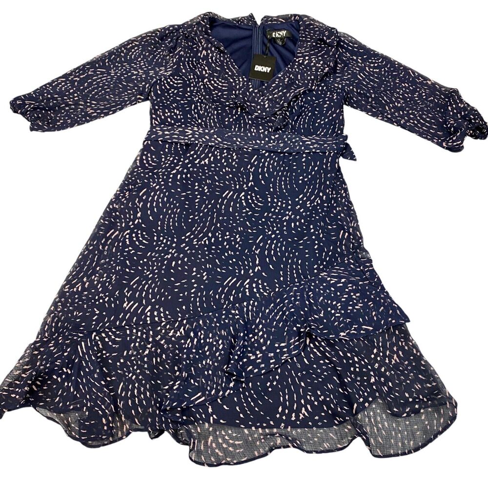 DKNY Dress Women's 12 Navy Pink Sheer Balloon Sleeve Linedβ MSRP:$ 134